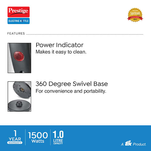 PKNSS Electric Kettle 1.0L | Stainless Steel Inner Finish | Concealed Element | Automatic Power Cut-Off