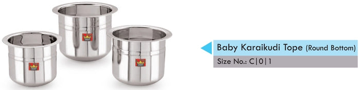 Baby Karaikudi Tope – Round Bottom Pure Salem Steel Cookware, Sizes C, 0, 1