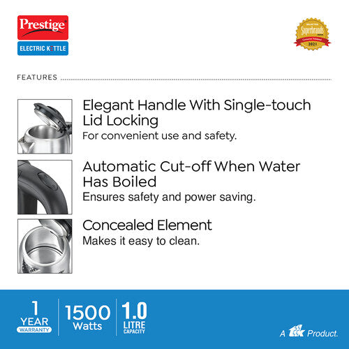 PKNSS Electric Kettle 1.0L | Stainless Steel Inner Finish | Concealed Element | Automatic Power Cut-Off