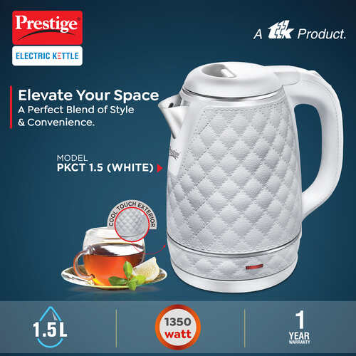 PKCT 1.5 Litre Electric Kettle with Designer Cool Touch Exterior| Stainless Steel Inner Body| Dry Heat Protection|White