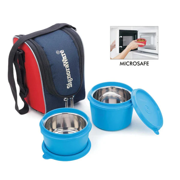 Signoraware Executive Microsafe Steel Lunch Box, Set of 2 | Insulated Fabric Bag | Leak Proof & Microwave Safe | Full Meal and Easy to Carry Color: Red, Blue, Violet