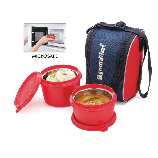 Signoraware Executive Microsafe Steel Lunch Box, Set of 2 | Insulated Fabric Bag | Leak Proof & Microwave Safe | Full Meal and Easy to Carry Color: Red, Blue, Violet