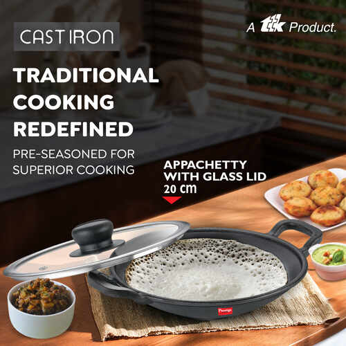 Prestige Cast Iron Cookware Appachetty with Glass Lid, Dia 20 Cm 30564