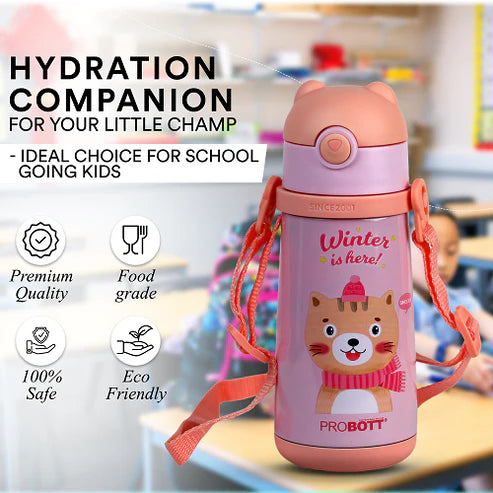 School Champ 370ml Sipper Bottle for Kids with Straw & Carry Strap, Pink | Stainless Steel Hot & Cold Water Bottle | PB 370-01