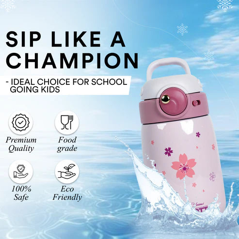 Cool Kid 360ml Hot & Cold Sipper Bottle with Straw & Handle for Kids, Pink | Stainless Steel Vacuum Insulated, Leak-Proof | PB 360-02