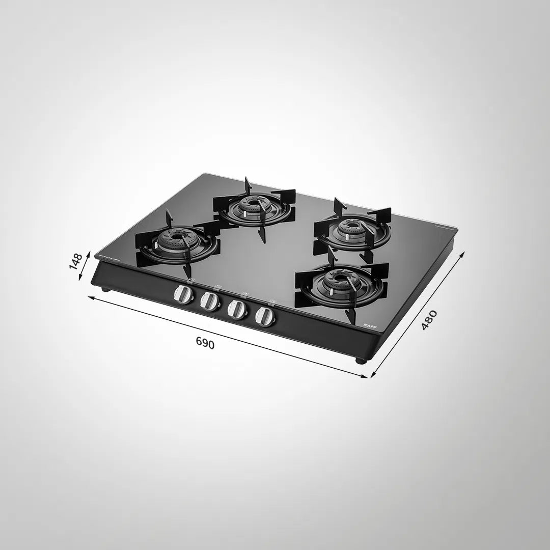 CBP 69 4B AI 69cm Cooktop – 4 Brass Burners with Black Coating, Auto Ignition, Black Tempered Glass