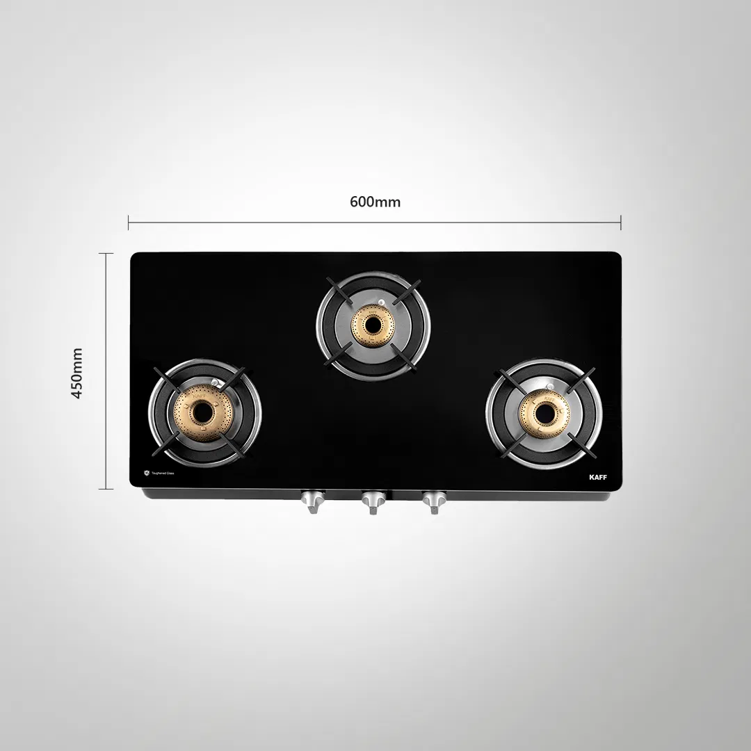 CTAI 77 3B – 3-Burner Auto Ignition Gas Stove | High Safety Valves | Black Tempered Glass