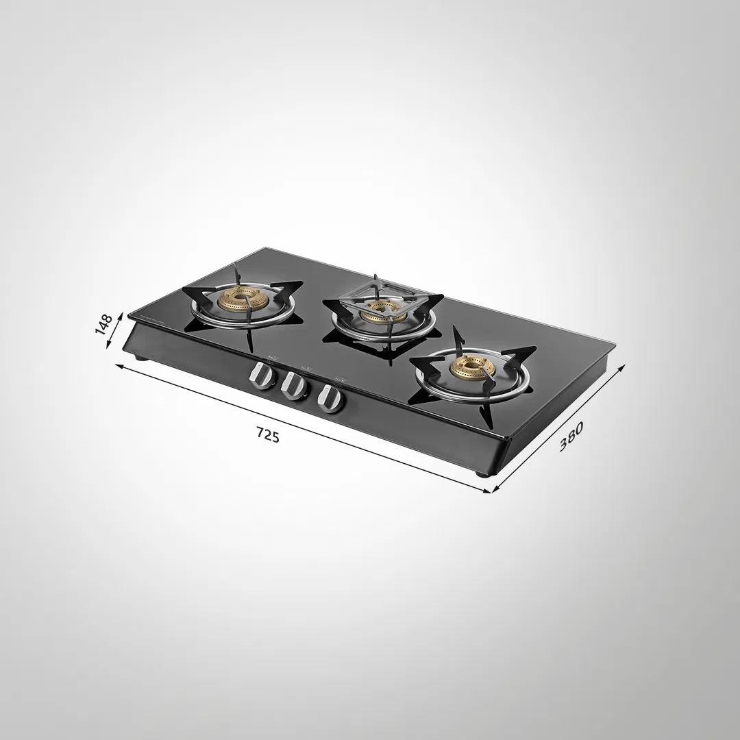 CTB713BAI – 3-Burner Auto Ignition Gas Stove | High-Efficiency Brass Burners | Black Tempered Glass