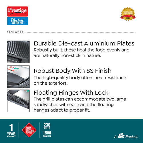 PEG 1.0 Electric Grill 1500 W with Detachable Oil Collector (Silver and Black)