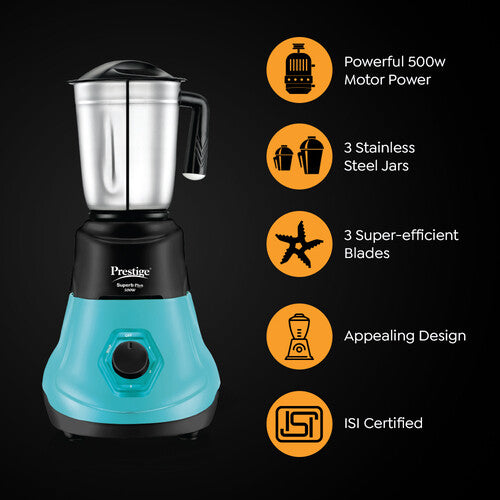 Superb Plus Mixer Grinder 500 Watts | 3 Stainless Steel Jars | Flow Breaker Design | Super-Efficient Blades | Blue & Black | Sturdy Handles