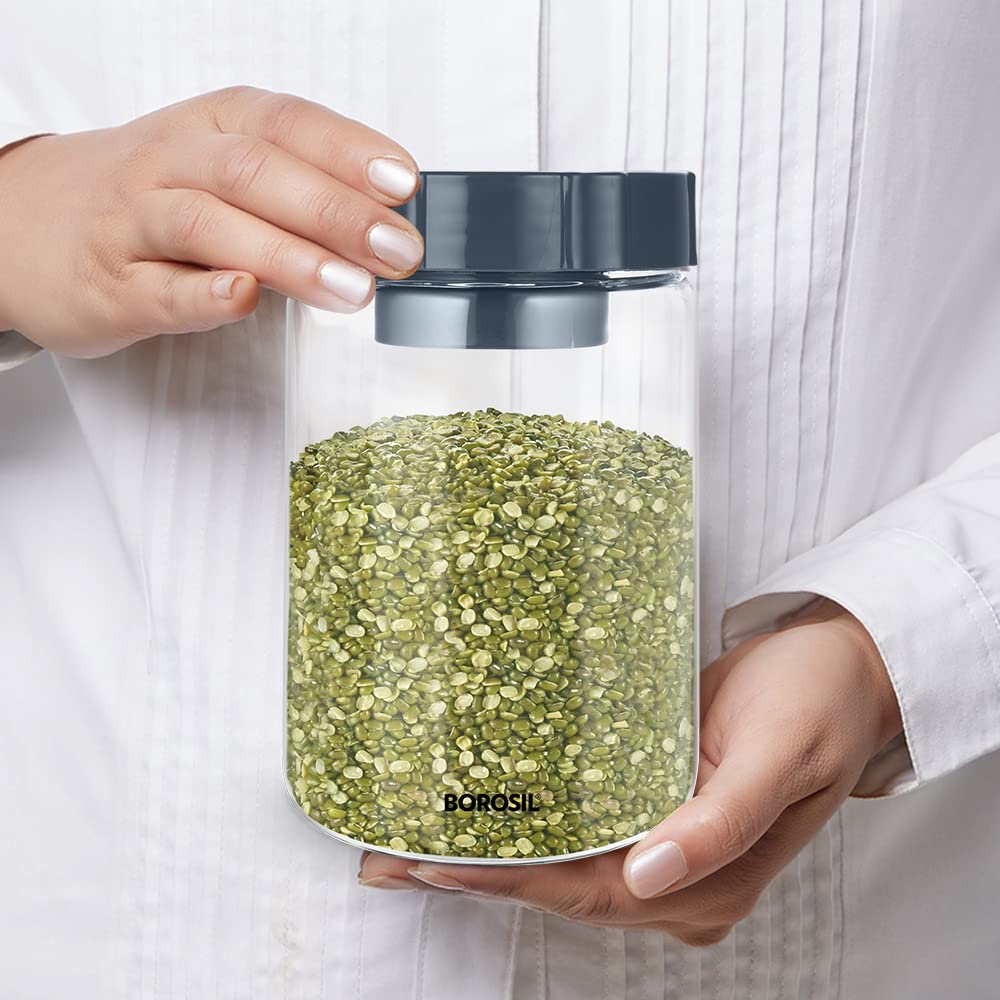 Borosil Easyscoop Endura 900 ml Glass Jar With PP Lid & Scoop Cup, Air-Tight Storage Container For Kitchen, Glass Jar For Storing Spices, Dals, Grains, Rice, Clear With Grey Lid, Round