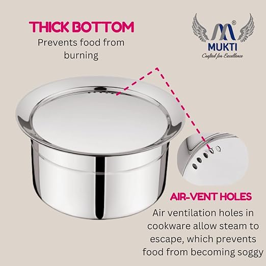 Mukti Stainless Steel Food Storage & Cooking|Air-Vent Holes on lid|Tope & Pans|Tea Pan|Curry, Gravy, Biryani Pan|Pots, Patilas, Kadhai & Topes|Curry & Coffee Pan with Lid|1700ml x 1pc