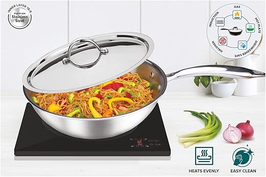 Signoraware Artista Tri-Ply Stainless Steel Induction Compatible Triply WOKPAN/DEEP FRYPAN with Stainless Steel Lid (Induction and Gas Compatible), 22cm, Capacity 2200 ml, Silver