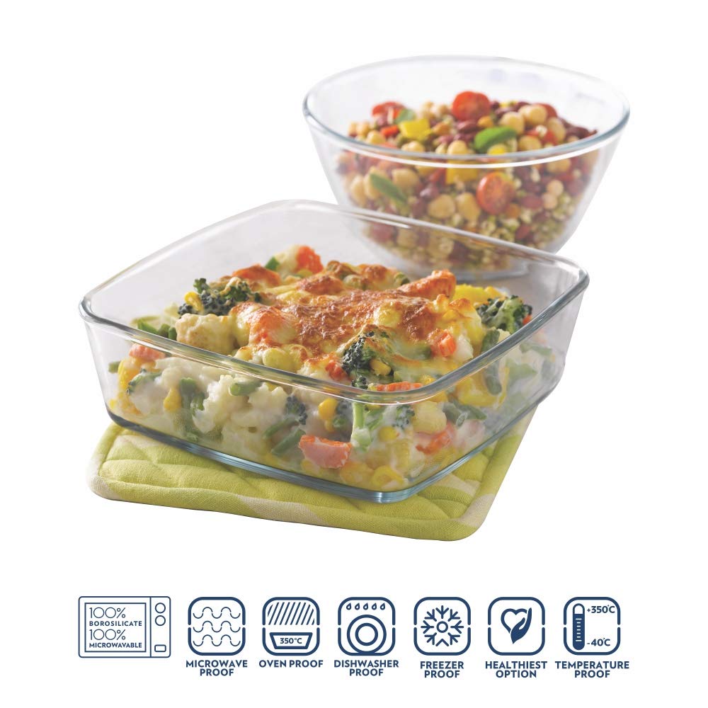 Borosil Serving Set: Bowl + Dish Oven, Micro, Fridge Safe 1.3L Bowl + 1.6L Dish