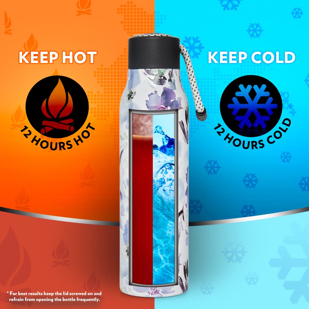 Aquasoul Flora 600ML Hot & Cold Stainless Steel Bottle | Double Wall Vacuum Insulated, 12 Hrs Temp Retention | BO600LRO2