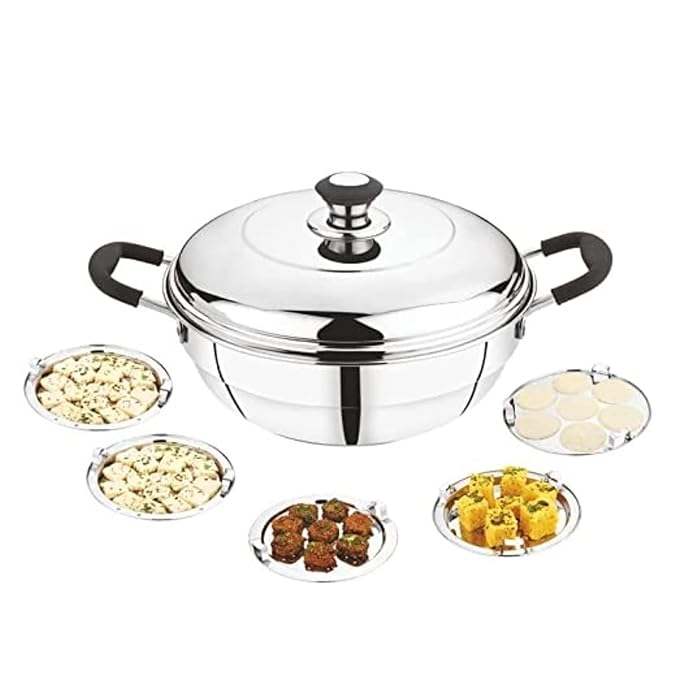 Stainless Steel Dhamaka Multi Kadai with Sandwich Bottom with 5 Plates in 1, Induction frinedly,Silver
