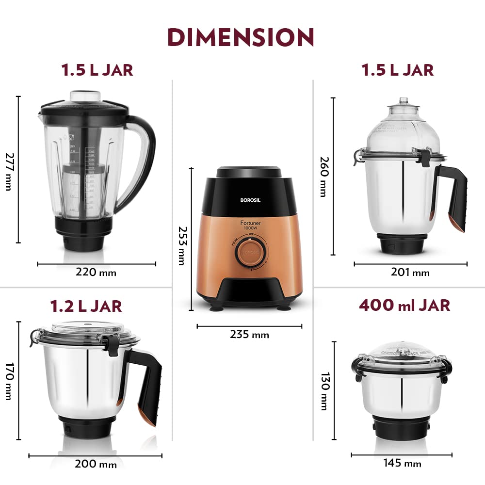 Borosil Fortuner Mixer Grinder Blender Juicer, Copper Motor, For Wet/Dry Mixing & Grinding, Blending Smoothies & Juicing Fruits 1000 Watts, 4 Jars