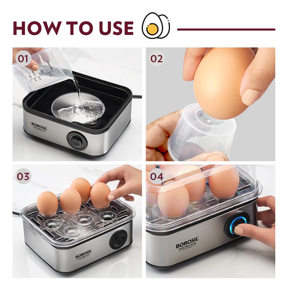 Electric Plus Egg Boiler, Boil Upto 8 Eggs At A Time, For Hard, Soft, Medium Boiled Eggs, Steamed Vegetables, Transparent Lid, Stainless Steel Exterior