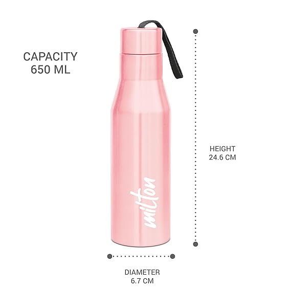 Milton Super 750 Stainless Steel Water Bottle 650 ml, Single Walled, ISI Certified I Leak Proof Lid, Rust Proof I For School, Office, Gym I Light Pink