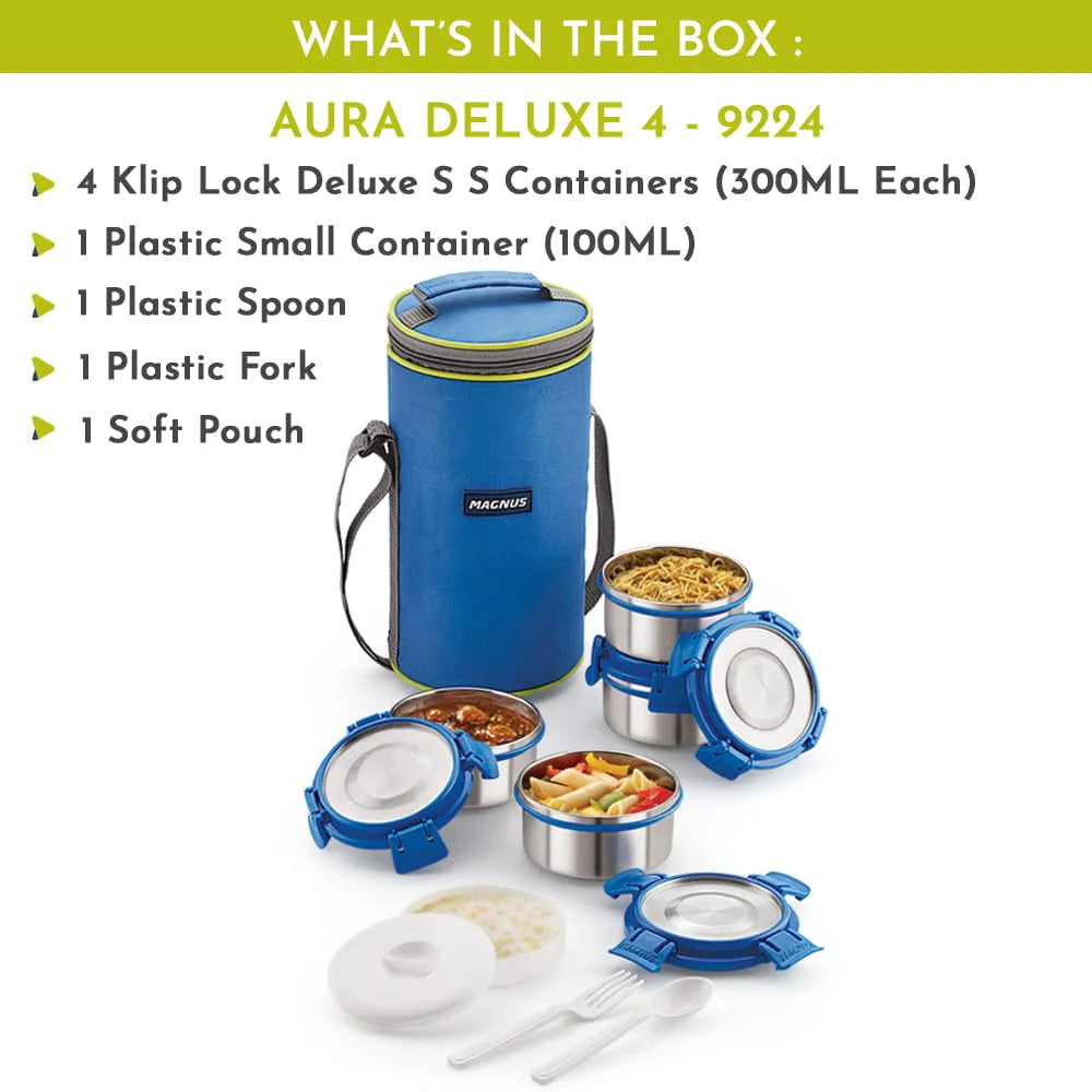 Aura 4 Deluxe Stainless Steel Lunch Box for Kids | Airtight, Leakproof, Insulated | Ideal Lunch Boxes for Office Men & Women | Hot Meals | Convenient Carrying Pouch (Blue)