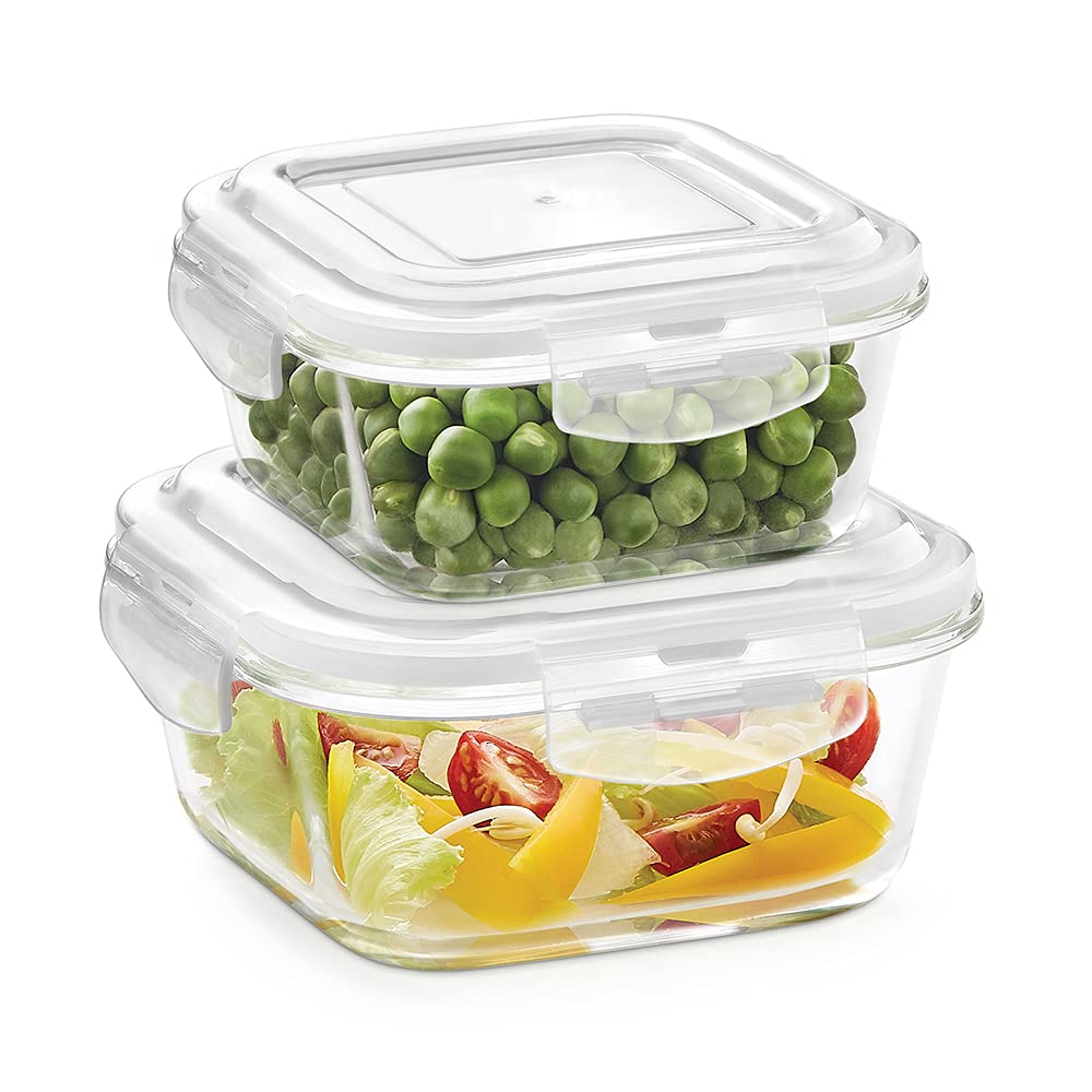 Borosil Klip N Store 2pc Set of 320ml & 520ml (Square) Food Storage Container with Airtight Lid | Made in India Borosilicate Glass for Lunchbox | Microwave & Dishwasher Safe | Transparent