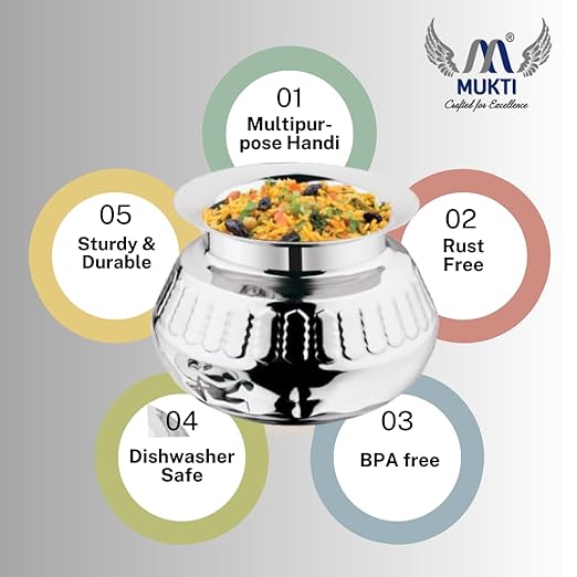 Mukti Stainless Steel Food Storage Handis & Cooking Pots|Curry Pots, Gravy, Rice Patilas, Biryani Kadhai & Topes|Khichdi King Pracheen with Lid|1100ml x 1pc