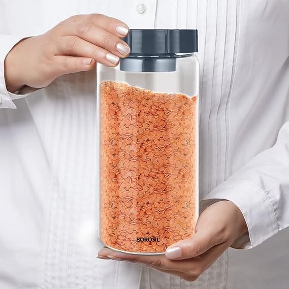 Borosil 1.2L Easyscoop Endura Glass Jar with PP Lid | Made in India Borosilicate Glass Storage Organiser | Microwave & Dishwasher Safe Kitchen Containers for Spices, Snacks, Grains, Dals | Transparent