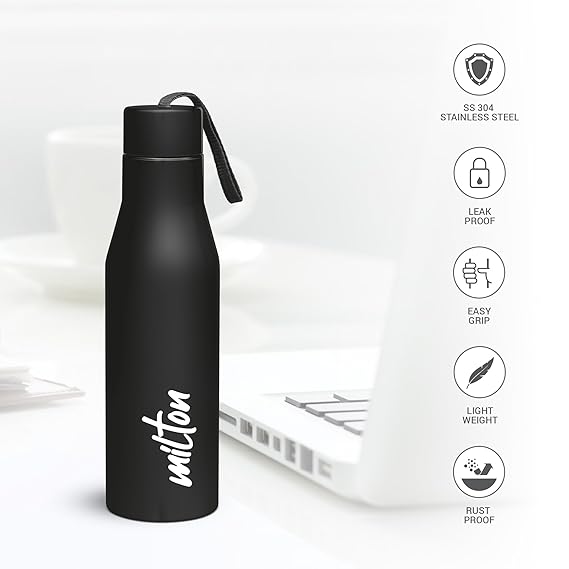 Milton Super 1000 Stainless Steel Water Bottle 1 ltr, Single Walled, ISI Certified I Leak Proof Lid, Rust Proof I For School, Office, Gym I Black
