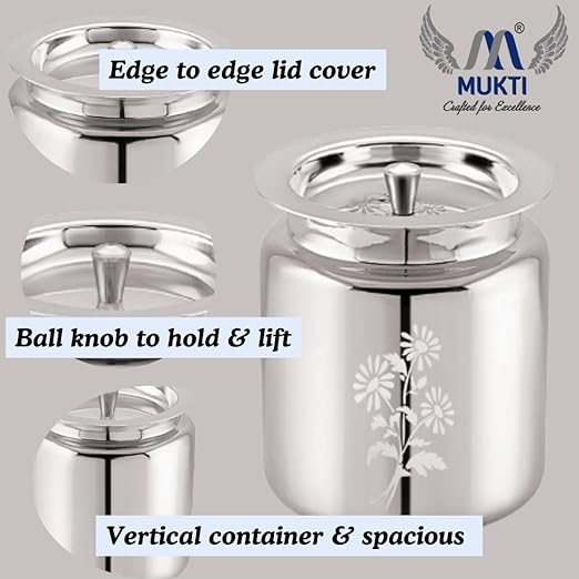 Mukti Stainless Steel Food Storage Jars & Containers|Ghee, Oil, Pickle Pot|Serving & Storing|Heritage Flora Ghee Pot Without Spoon|300ml x 1
