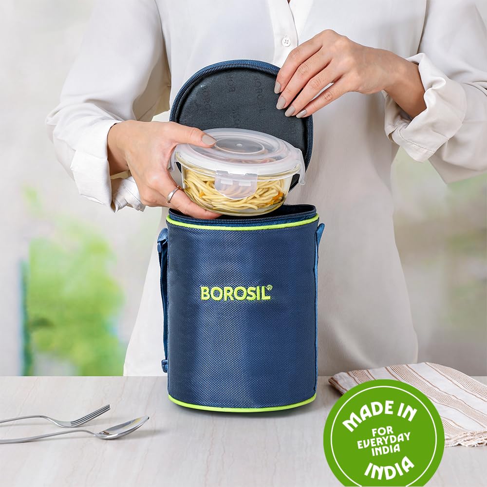 Borosil Klip n Store Lunchbox with Bag | Set of 3 (400 ml Each) | Borosilicate Glass, Round, Vertical | Microwave & Dishwasher Safe, Leak Proof | Tiffin for Office, School, College | Blue