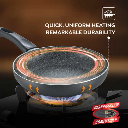 Omega Deluxe Granite Alpha 3 Piece BYK Non-Stick Cookware Set| Kadai 24cm with Glass Lid, Omni Tawa 28cm and Fry Pan 24cm| Gas and Induction Compatible| 5 Layer Non-Stick Coating 38390