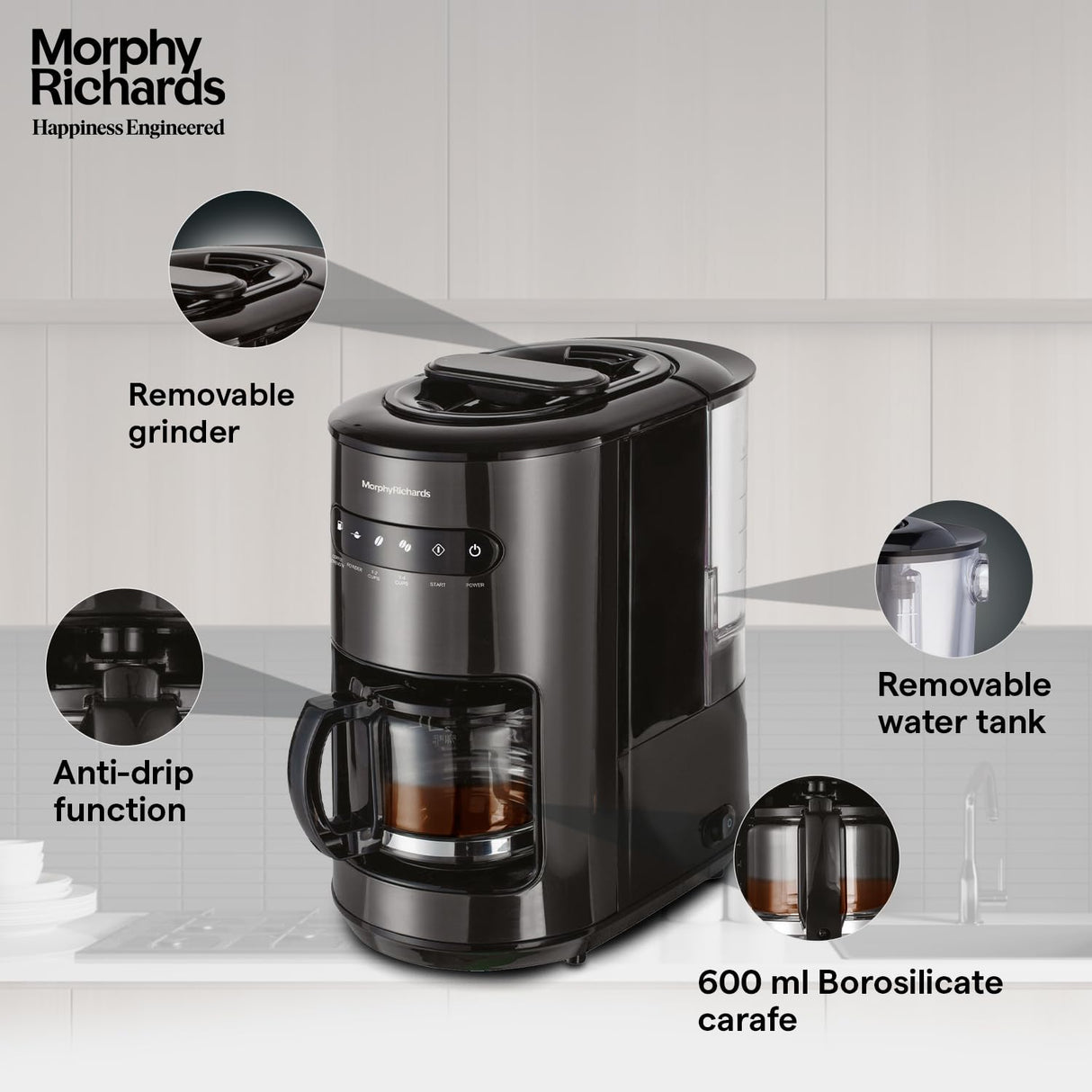 Brew Blend Coffee Maker – 600W Drip Coffee Maker, 6-Cups Capacity, Grind & Brew Function, Anti-Drip Function