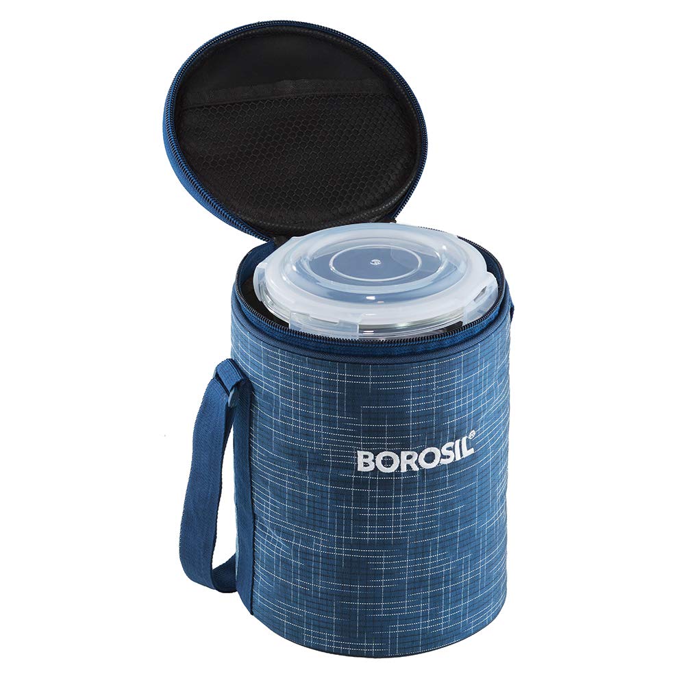 Borosil Indigo Lunchbox with Bag | 3 pc Borosilicate Glass Round Container Set (400 ml Each) | Microwave & Dishwasher Safe, Leak Proof | Tiffin for Office, School, College | Blue
