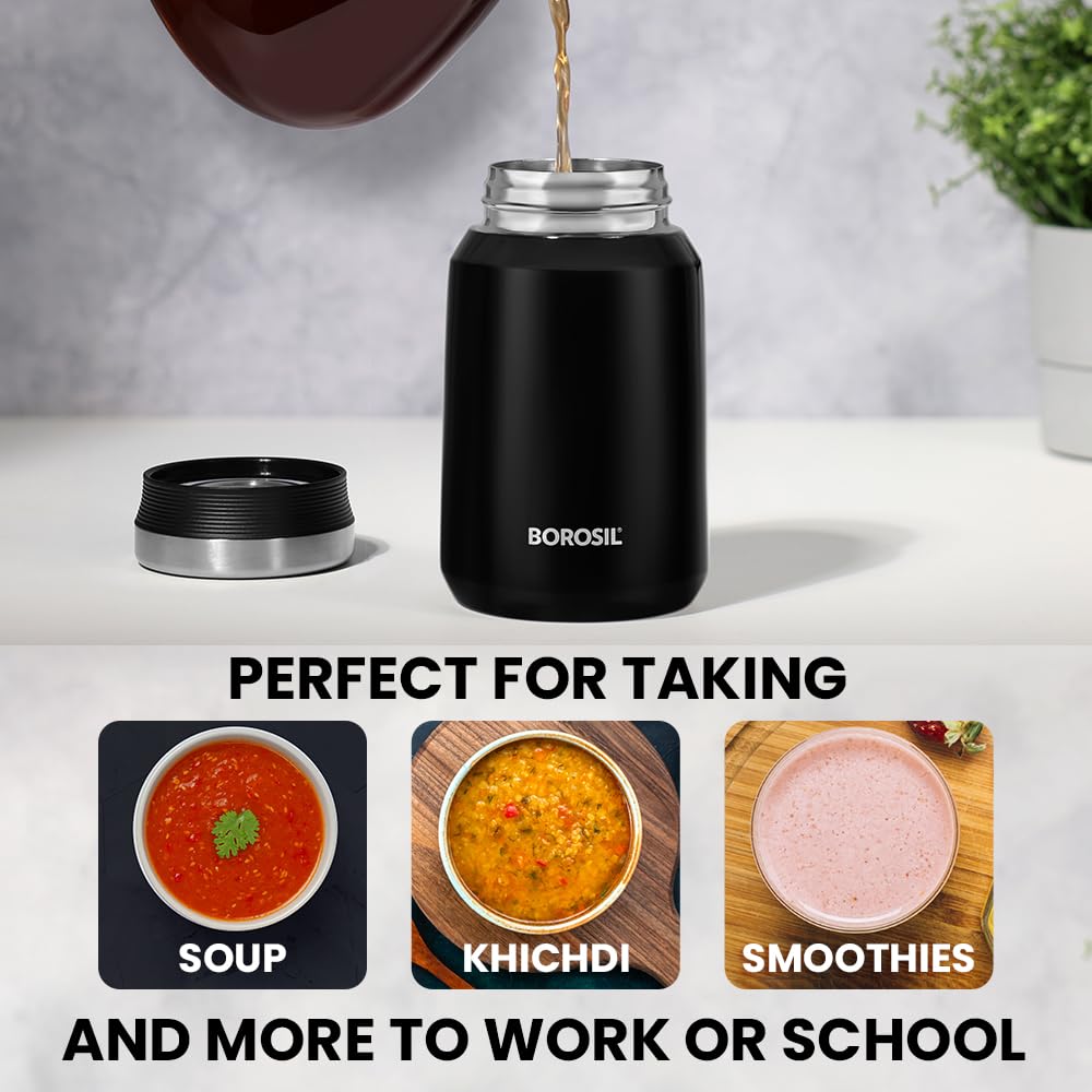 Carry Mate Black 500ML Stainless Steel Food Jar | 12 Hrs Hot & 13 Hrs Cold | Leakproof, Copper Coated, Portable Mug | CM500BLK42