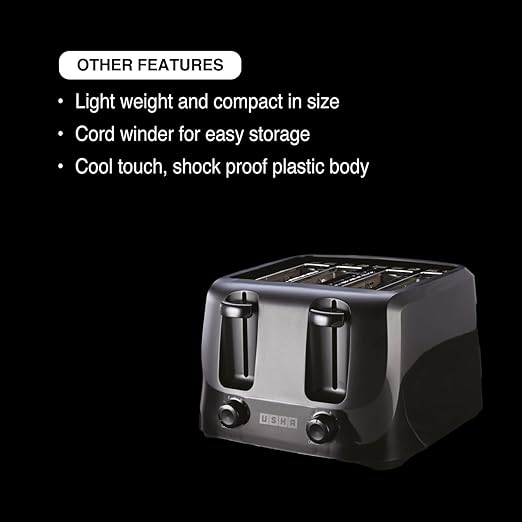 Usha iToast 4 Slice Pop Up Toaster | 1400W | 6 Browning Settings | Cool Touch, Shock Proof Plastic Body| Removable Crumb Tray | Automatic Bread Centering for Uniform Browning