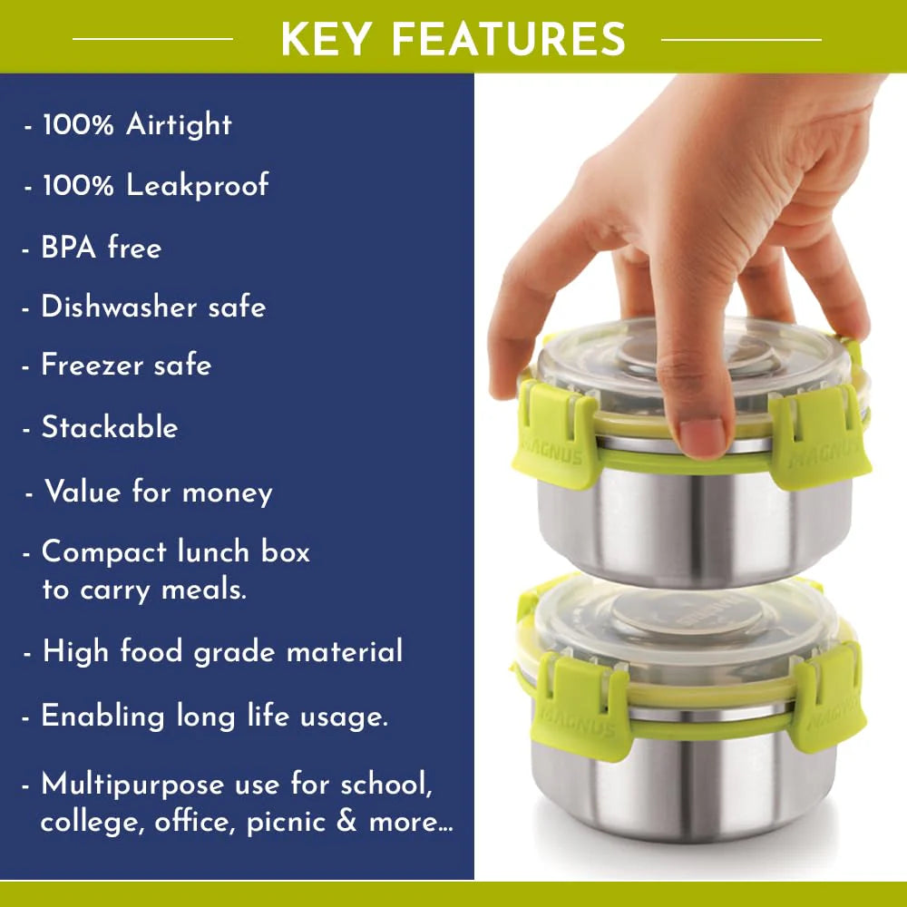 Aura 2-Piece Stainless Steel Lunch Box Set with Tiffin Bags, Utensils & Pouch | Airtight, Leakproof Containers | Lunch Box for Kids, Office Men, Women, School | BPA-Free