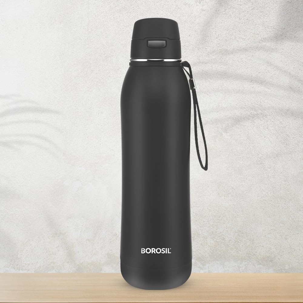 Rivera Black 800ML Hot & Cold Stainless Steel Bottle | Press-to-Open Lid, Double Wall Vacuum Insulated | BT800BK129