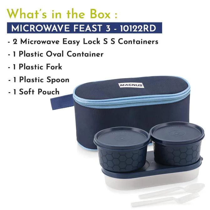 Feast 3 Microwave Safe Stainless Steel Lunch Box for Kids | Leakproof Tiffin with Insulated Cover | BPA-Free Containers | Lunch Boxes for Office Men Women | Hot Food Safe | Blue