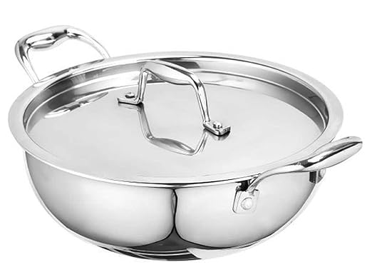 SignoraWare 5000Ml Artista Tri-Ply Non-Stick Deep Fry Kadhai 28Cm,Induction Compatible Cookware Kadai,Grade 304 Stainless Steel,Food Grade,Dishwasher Safe Pot (Silver)