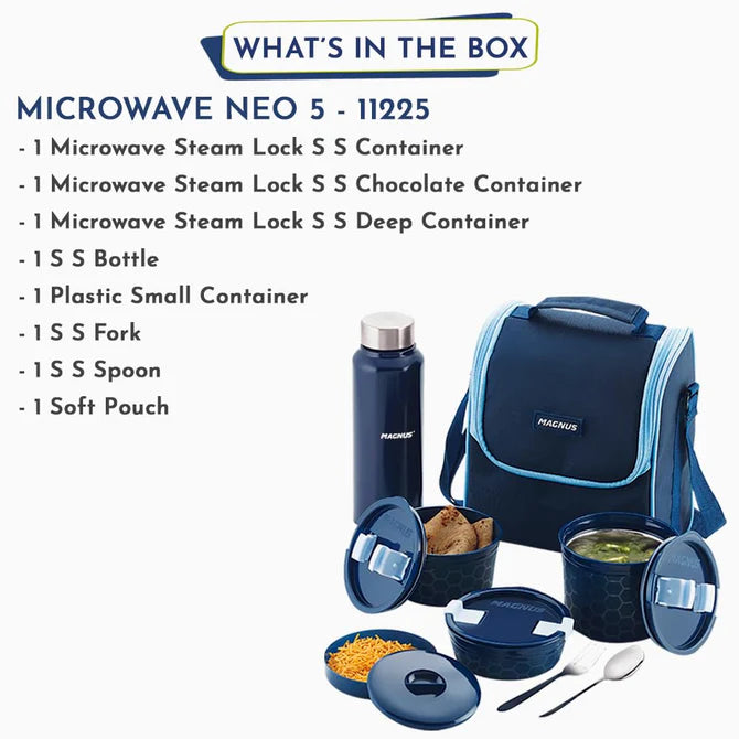 NEO 5 Lunch Tiffin with 3 Microwave Safe Steel Containers, Plastic Chutney Dabba, Steel Bottle, Spoon & Fork, Insulated Jacket - Ideal Lunch Box for Kids & Lunch Boxes for Office Men, Blue
