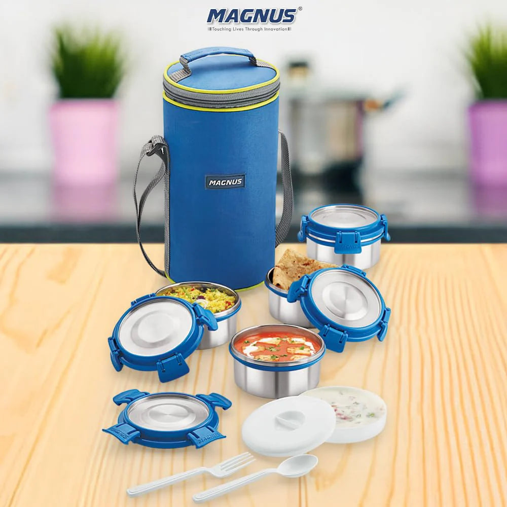 Aura 4 Deluxe Stainless Steel Lunch Box for Kids | Airtight, Leakproof, Insulated | Ideal Lunch Boxes for Office Men & Women | Hot Meals | Convenient Carrying Pouch (Blue)