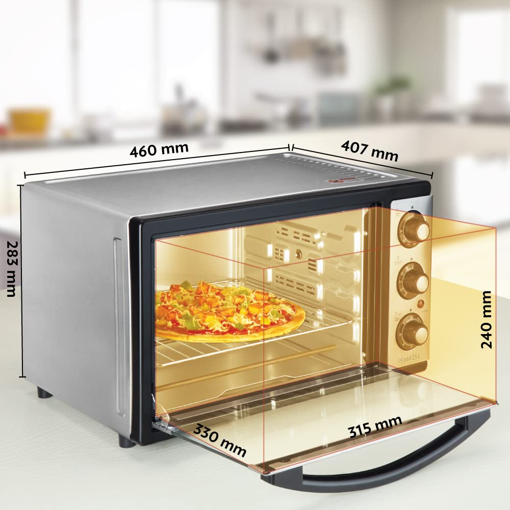 Prima 25 L Oven Toaster & Grill, Motorised Rotisserie & Convection Heating, 6 Heating Modes, Chrome Grey