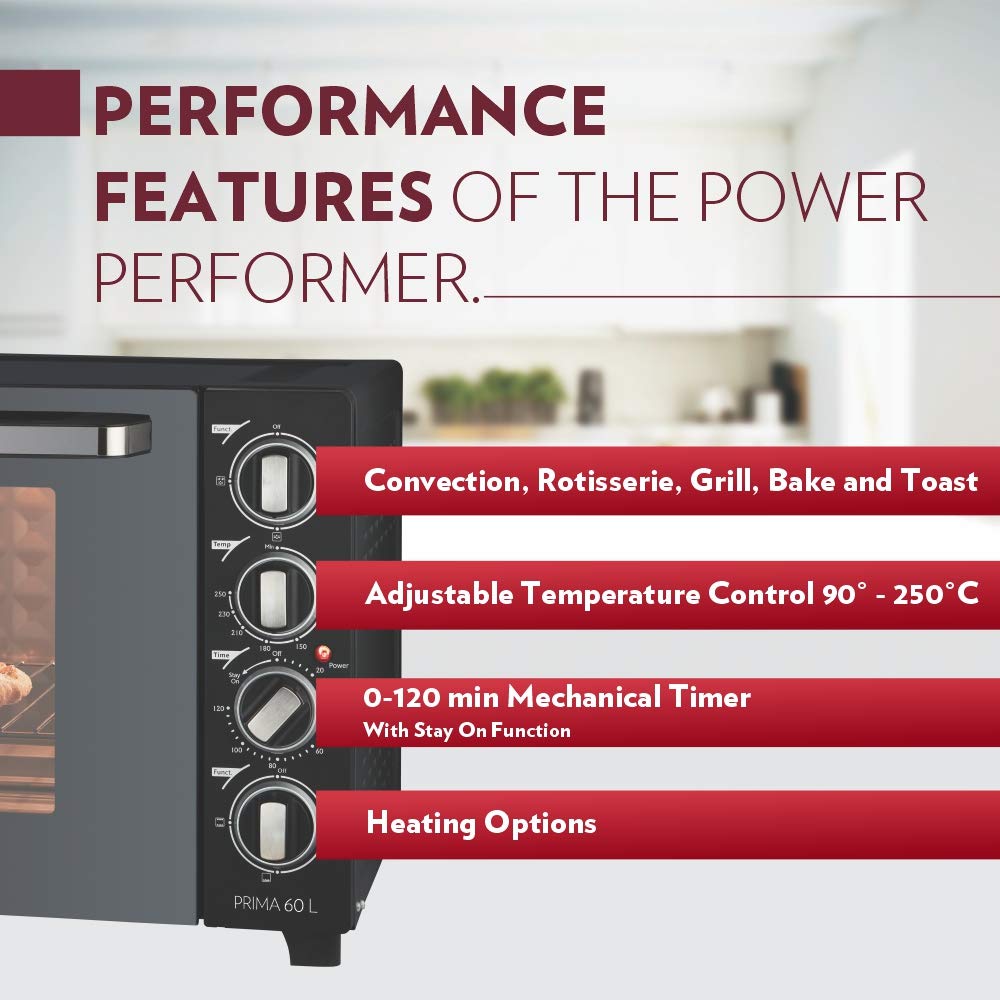 Borosil Prima 60 L Oven Toaster & Grill, Motorised Rotisserie & Convection Heating, 12 Heating Modes, Black