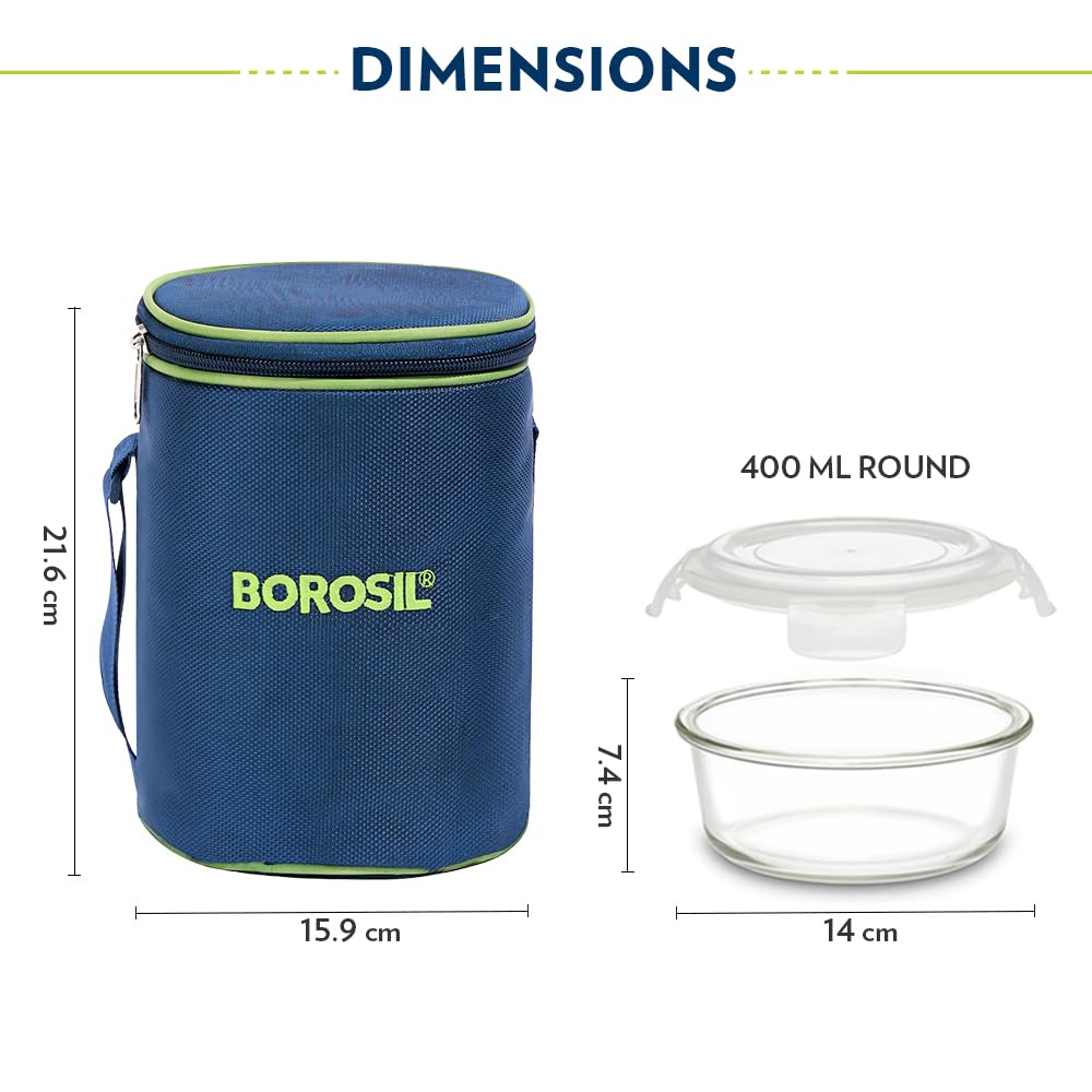 Borosil Klip n Store Lunchbox with Bag | Set of 3 (400 ml Each) | Borosilicate Glass, Round, Vertical | Microwave & Dishwasher Safe, Leak Proof | Tiffin for Office, School, College | Blue