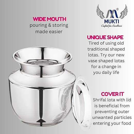 Mukti Lota, Kalash, Stainless Steel Silver Classic Finish, Ideal for Home & Kitchen (Shrifal Lota with Cover, 1000 ML)