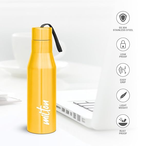 Milton Super 1000 Stainless Steel Water Bottle 1 ltr, Single Walled, ISI Certified I Leak Proof Lid, Rust Proof I For School, Office, Gym I Yellow