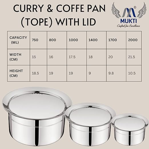 Mukti Stainless Steel Food Storage & Cooking|Air-Vent Holes on lid|Tope & Pans|Tea Pan|Curry, Gravy, Biryani Pan|Pots, Patilas, Kadhai & Topes|Curry & Coffee Pan with Lid|1700ml x 1pc