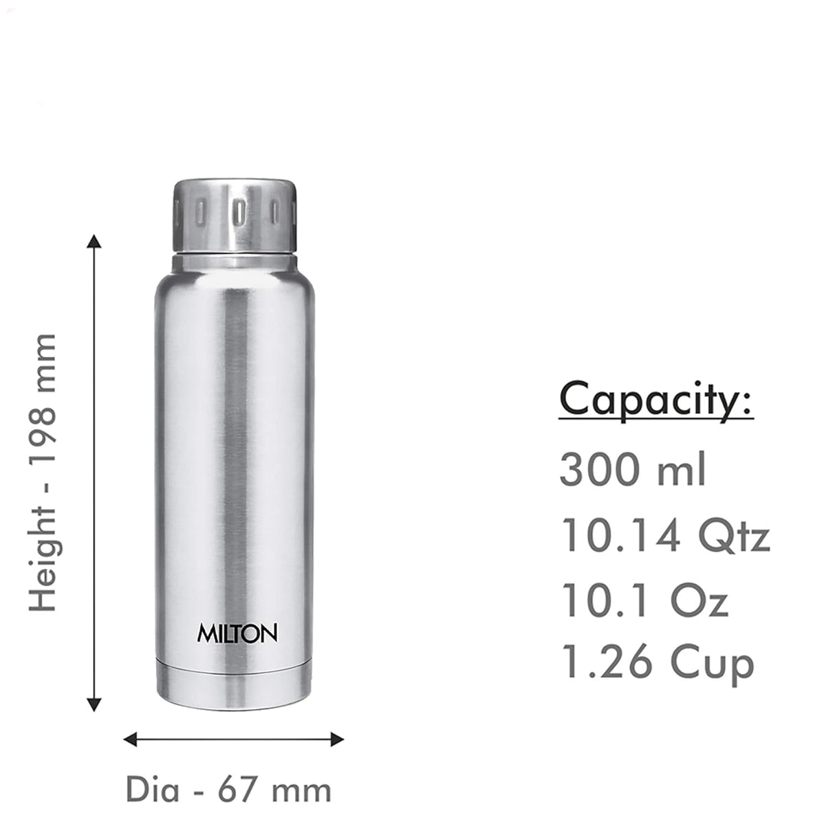 Milton Elfin 300 Thermosteel Water Bottle 300 ml, 24 Hr Hot and Cold I Leak Proof Lid, ISI Certified I Vacuum Insulated I for Office, Gym, School I Silver