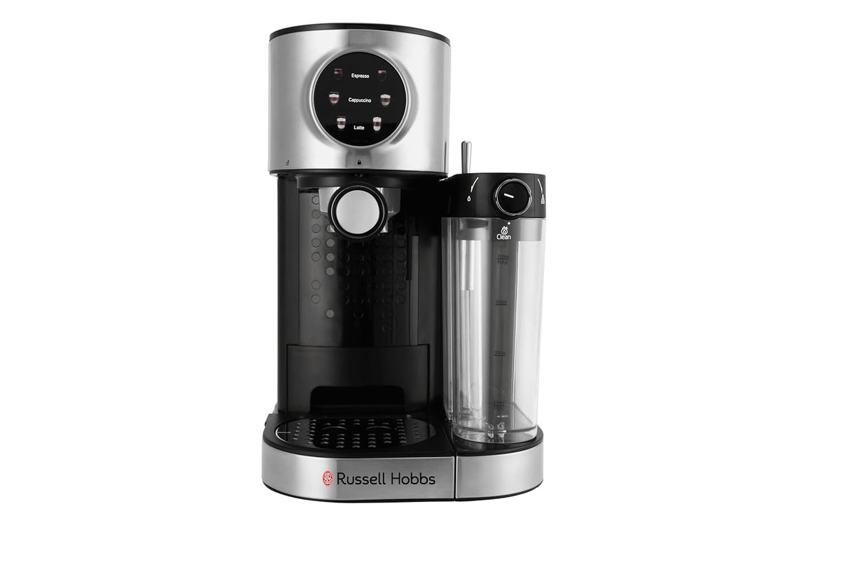Russell Hobbs 1350W Elite Brew Digital Coffee Maker 15-Bar Professional Extraction | Single & Double Espresso, Cappuccino, Latte | NTC Temp Control | 1.7L Water Tank & 0.5L Milk Tank