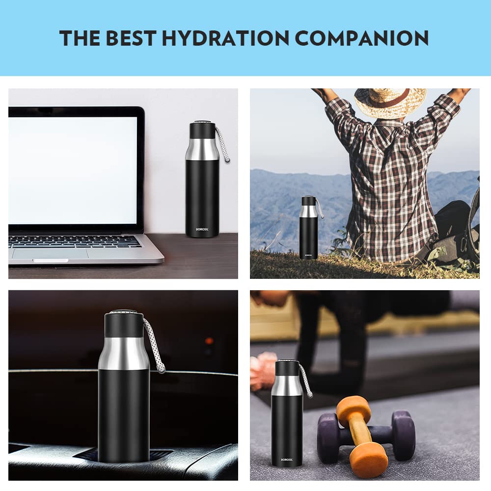 Aquasoul 600ML Black Hot & Cold Stainless Steel Bottle | Double Wall Vacuum Insulated, 12 Hrs Temp Retention | BT600BK125